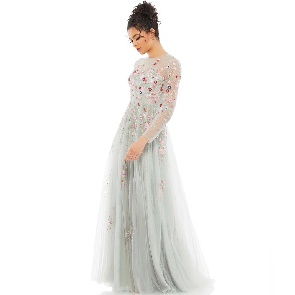 NWT Mac Duggal Embroidered Illusion High Neck Long Sleeve A Line Gown